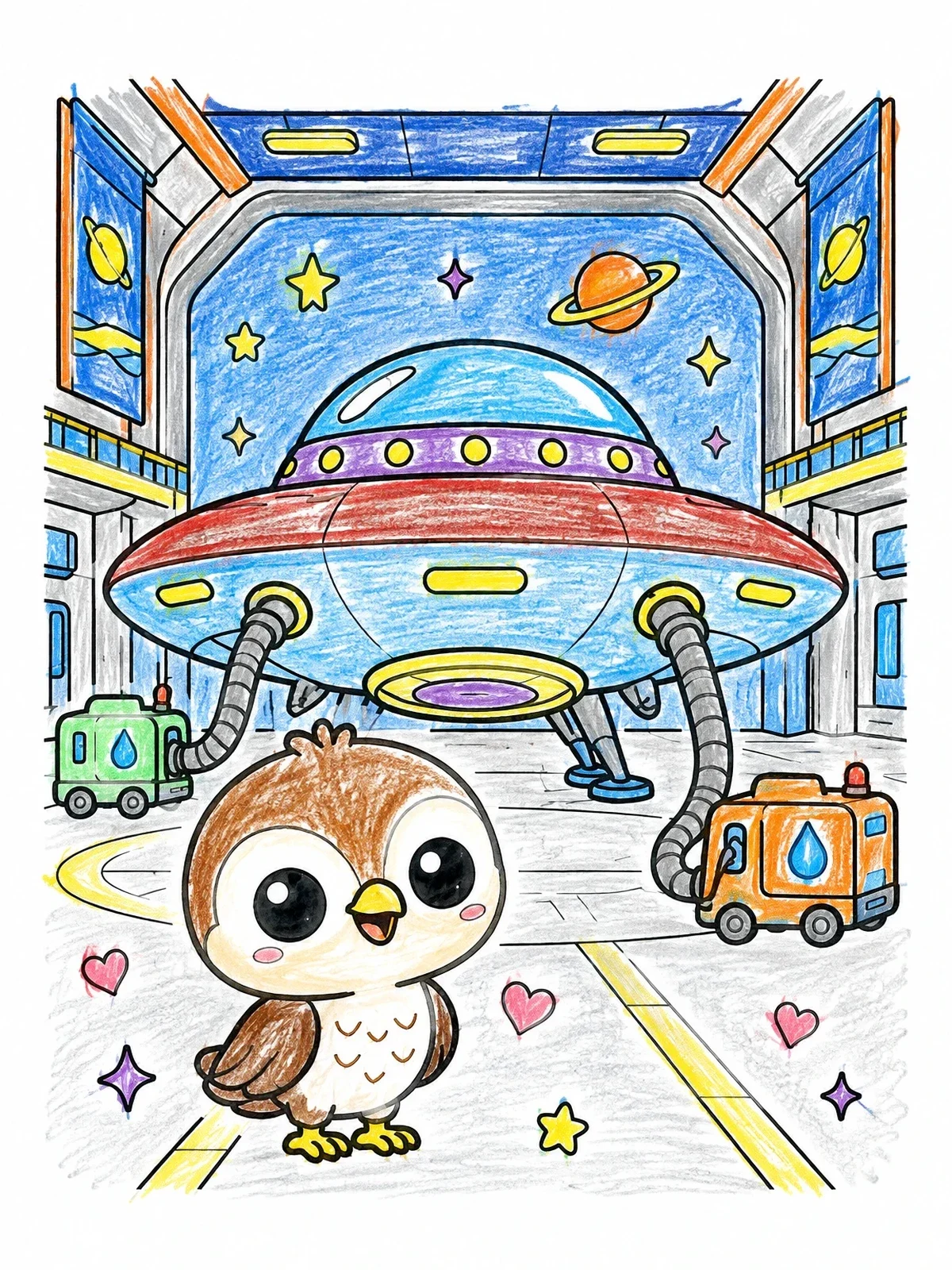 Colored example of the Cute Falcon Chick In Spaceship Hangar coloring page