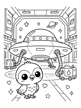 Free printable Cute Falcon Chick In Spaceship Hangar coloring page