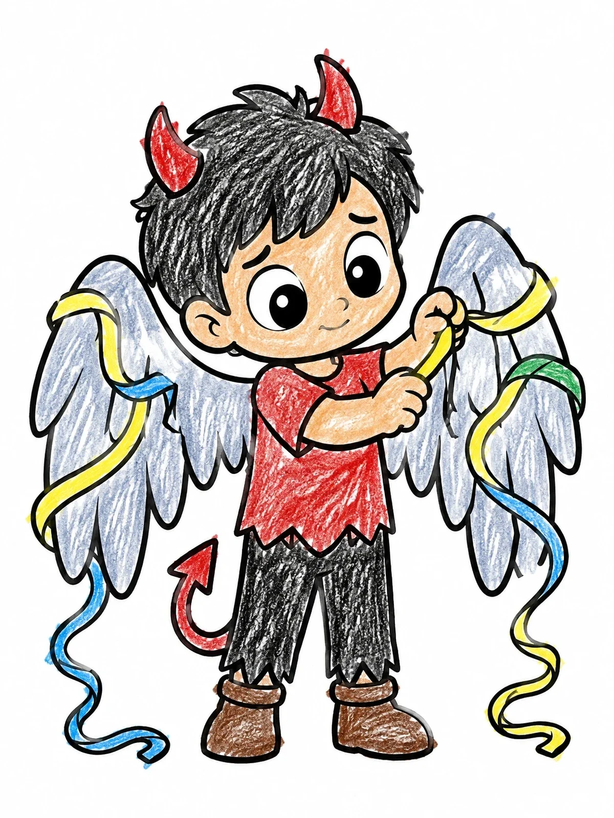 Colored example of the Cute Fallen Angel Untangling Streamers coloring page