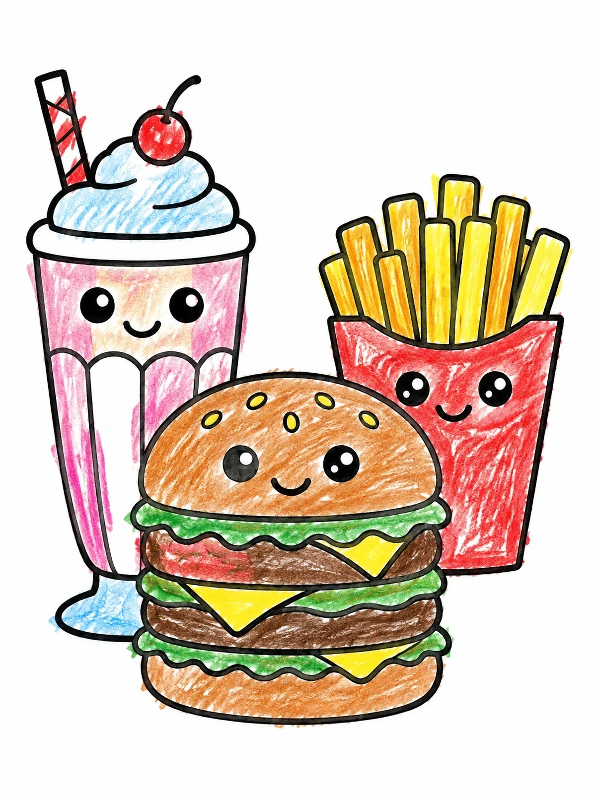 Colored example of the Cute Fast Food Trio coloring page