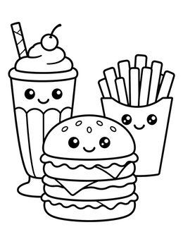 A hamburger coloring page featuring a smiling burger, milkshake, and french fries.