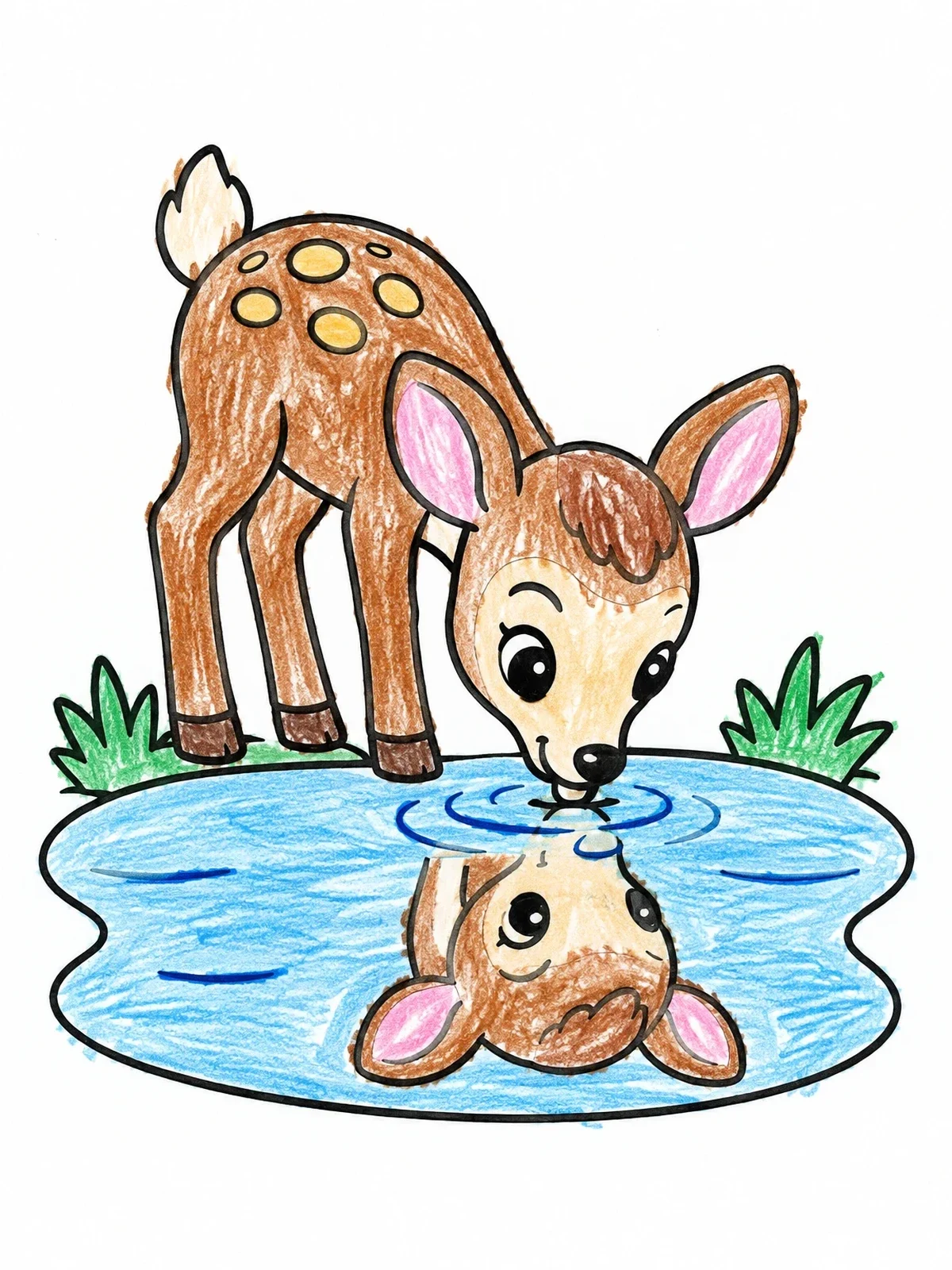 Colored example of the Cute Fawn Drinking From Water Pond coloring page