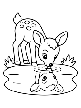 A sweet drinking water coloring page showing a cute little fawn sipping from a pond with its reflection.