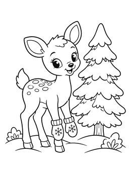 A cute winter animals coloring page featuring a baby fawn wearing cozy mittens beside a snowy pine tree.