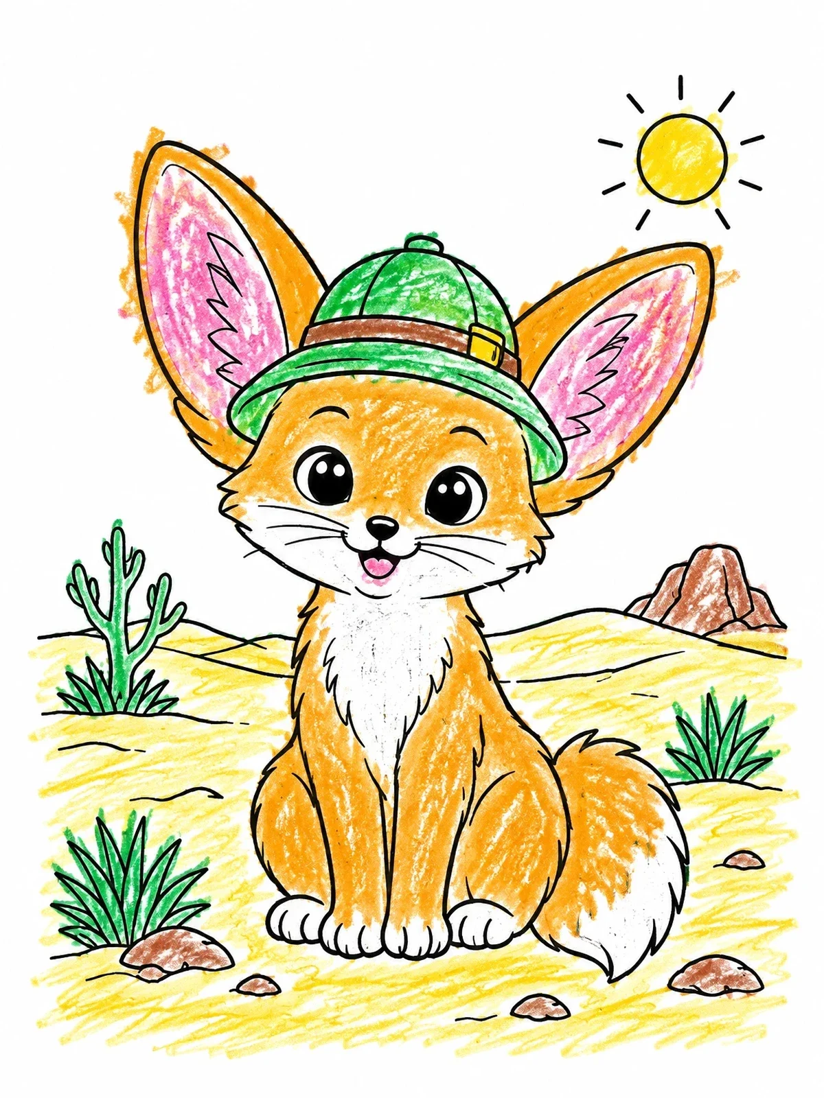 Colored example of the Cute Fennec Fox Explorer In Desert coloring page