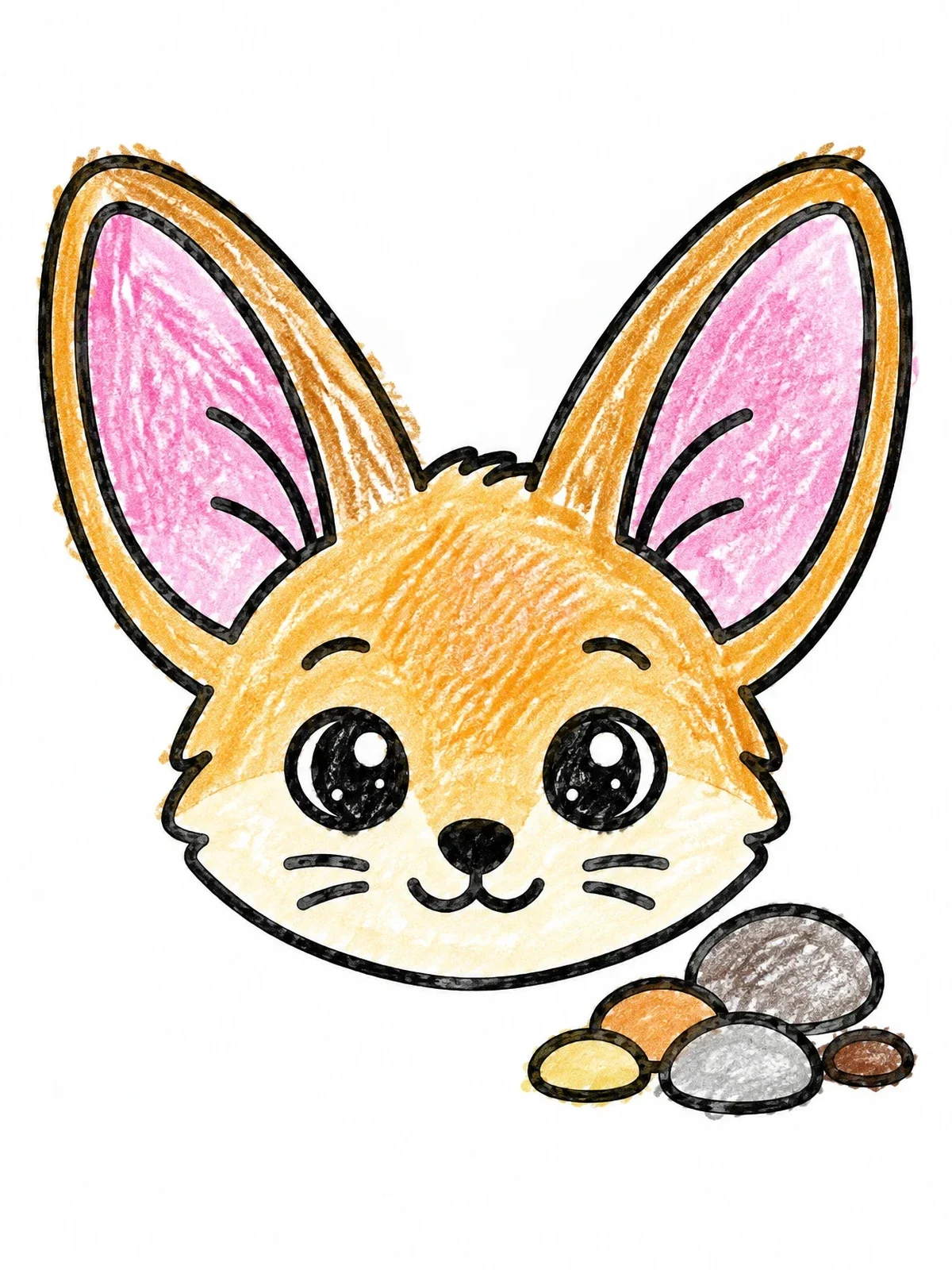 Colored example of the Cute Fennec Fox Face And Pebbles coloring page