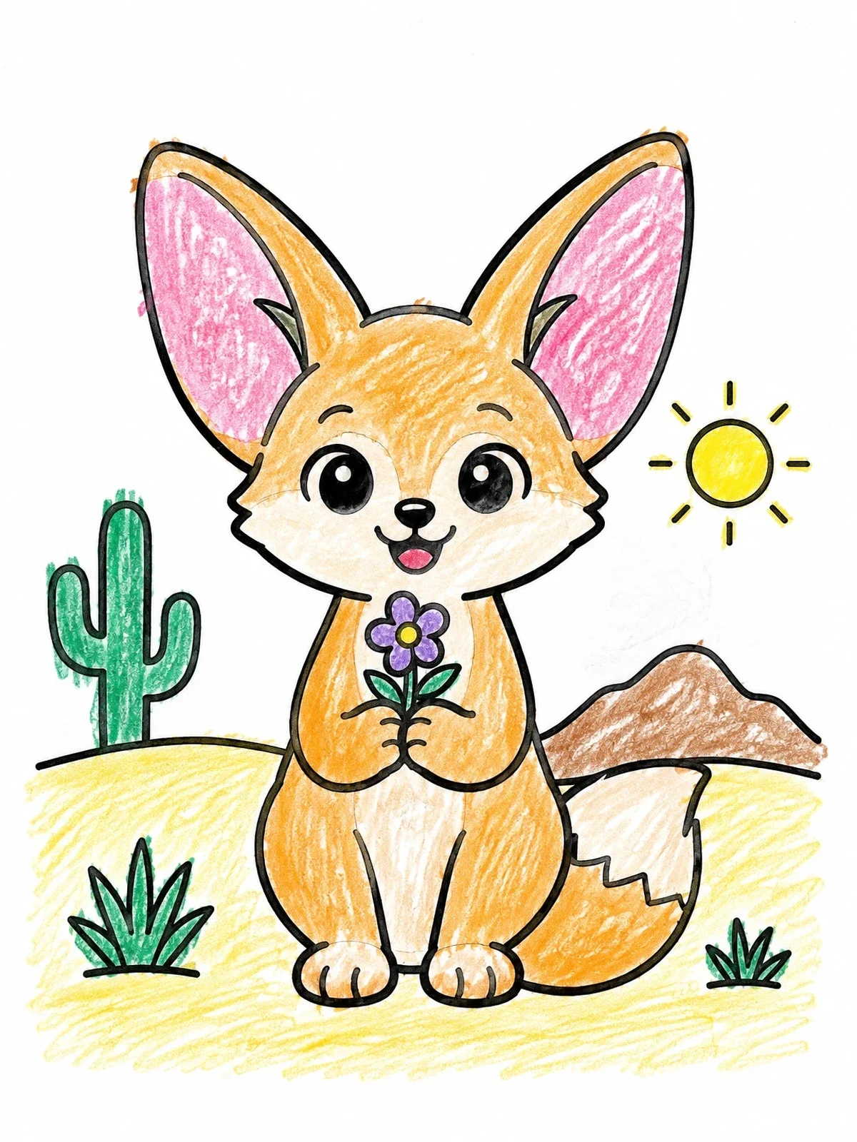 Colored example of the Cute Fennec Fox With Desert Flower coloring page