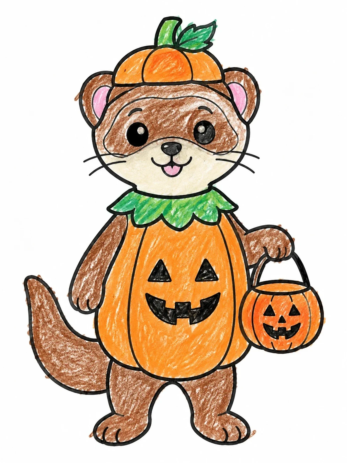 Colored example of the Cute Ferret In Pumpkin Costume coloring page