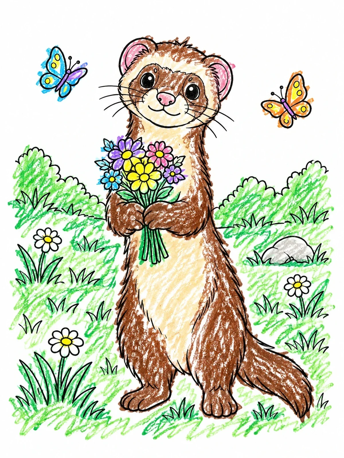 Colored example of the Cute Ferret Holding Flower Bouquet coloring page