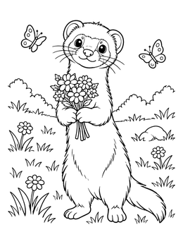 Free printable Cute Ferret Holding Flower Bouquet coloring page