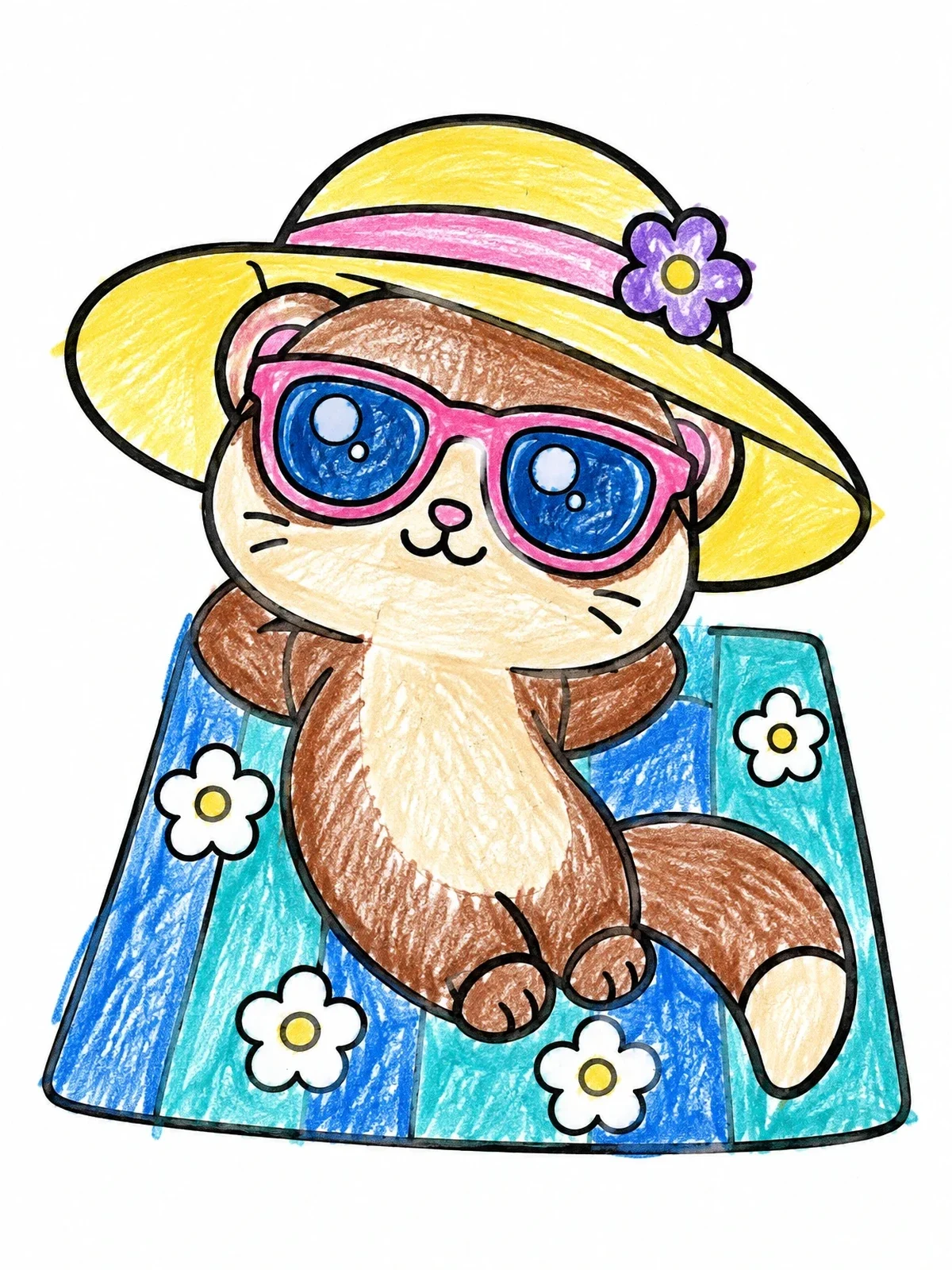 Colored example of the Cute Ferret Relaxing On Beach Towel coloring page
