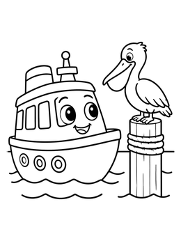 Free printable Cute Ferry Boat Greeting Pelican coloring page