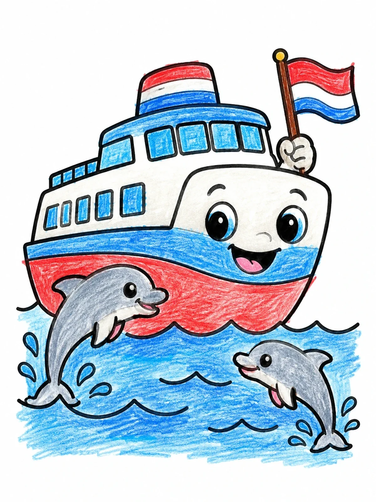 Colored example of the Cute Ferry Boat With Dolphins coloring page