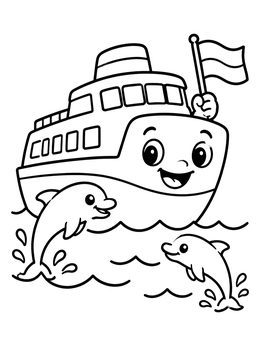 Free printable Cute Ferry Boat With Dolphins coloring page