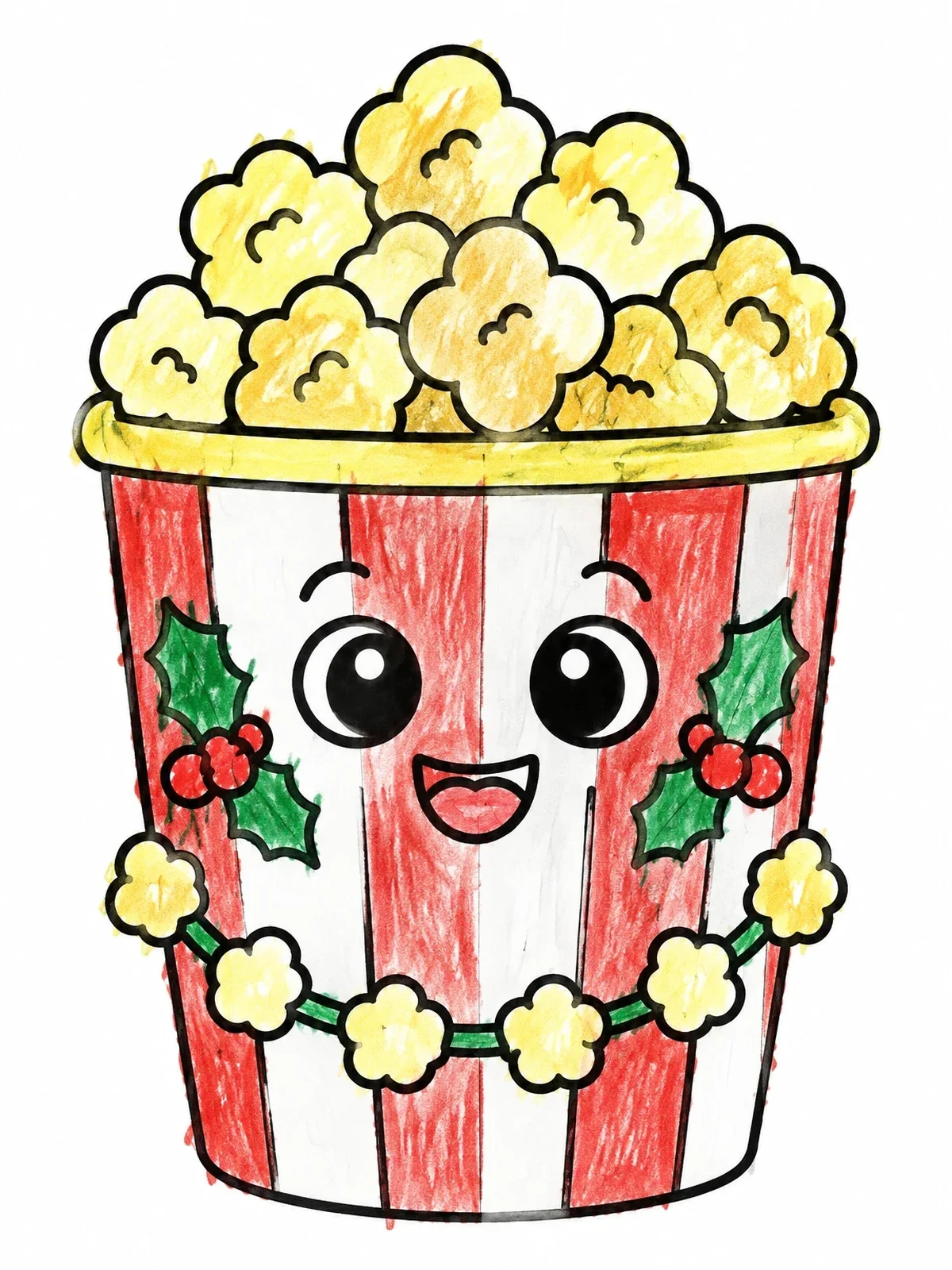 Colored example of the Cute Festive Popcorn Bucket coloring page