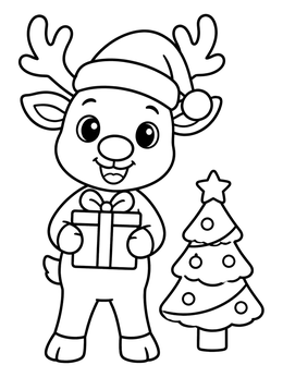 A cheerful cartoon reindeer coloring page with a gift and tree.