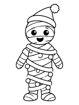 A cheerful cartoon mummy coloring page wrapped in holiday garland wearing a winter hat.