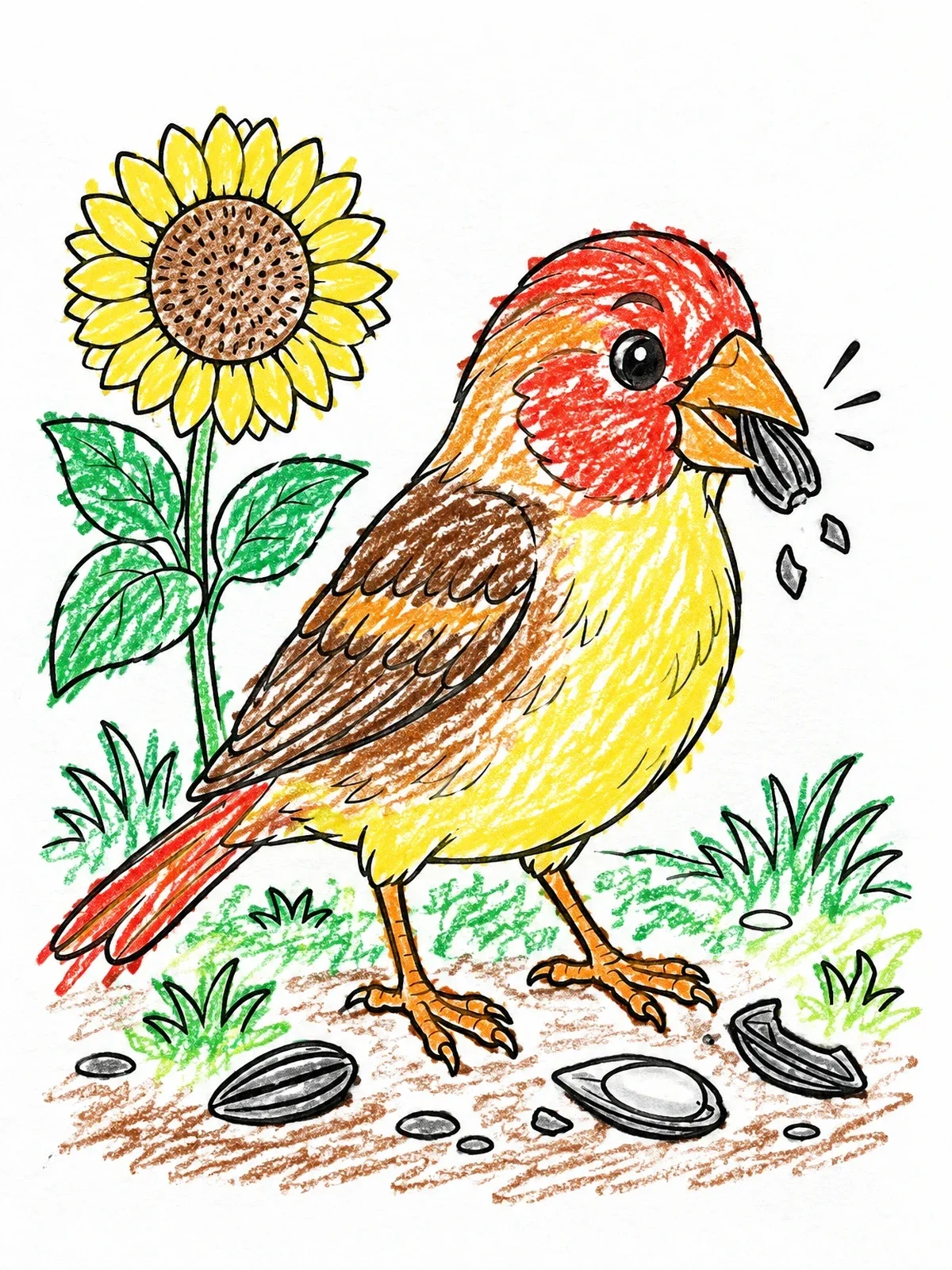 Colored example of the Cute Finch Eating Sunflower Seeds coloring page