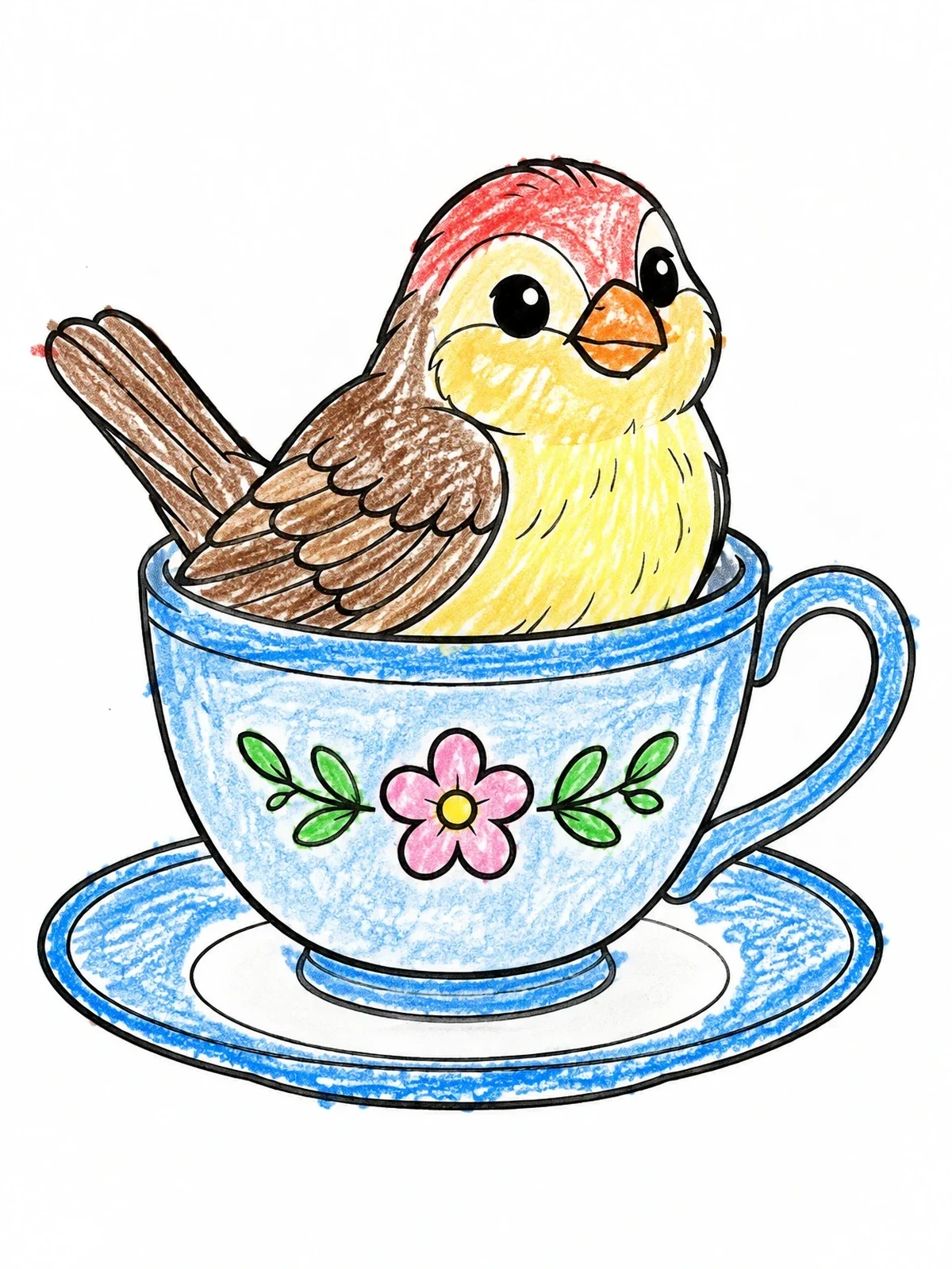 Colored example of the Cute Finch In A Teacup coloring page