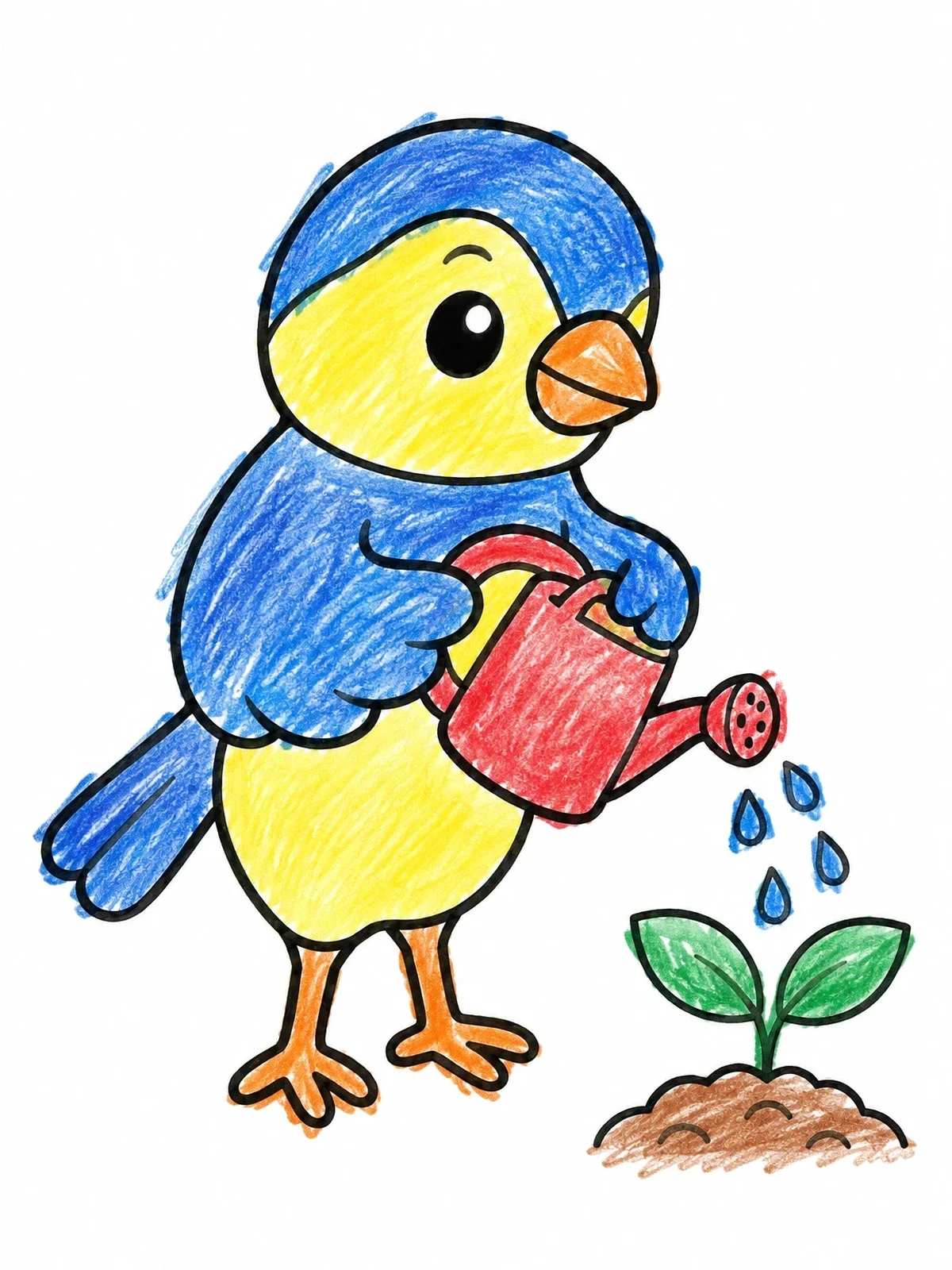 Colored example of the Cute Finch Watering A Garden Sprout coloring page