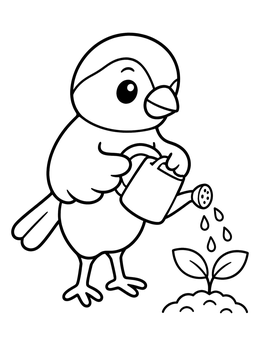 Free printable Cute Finch Watering A Garden Sprout coloring page