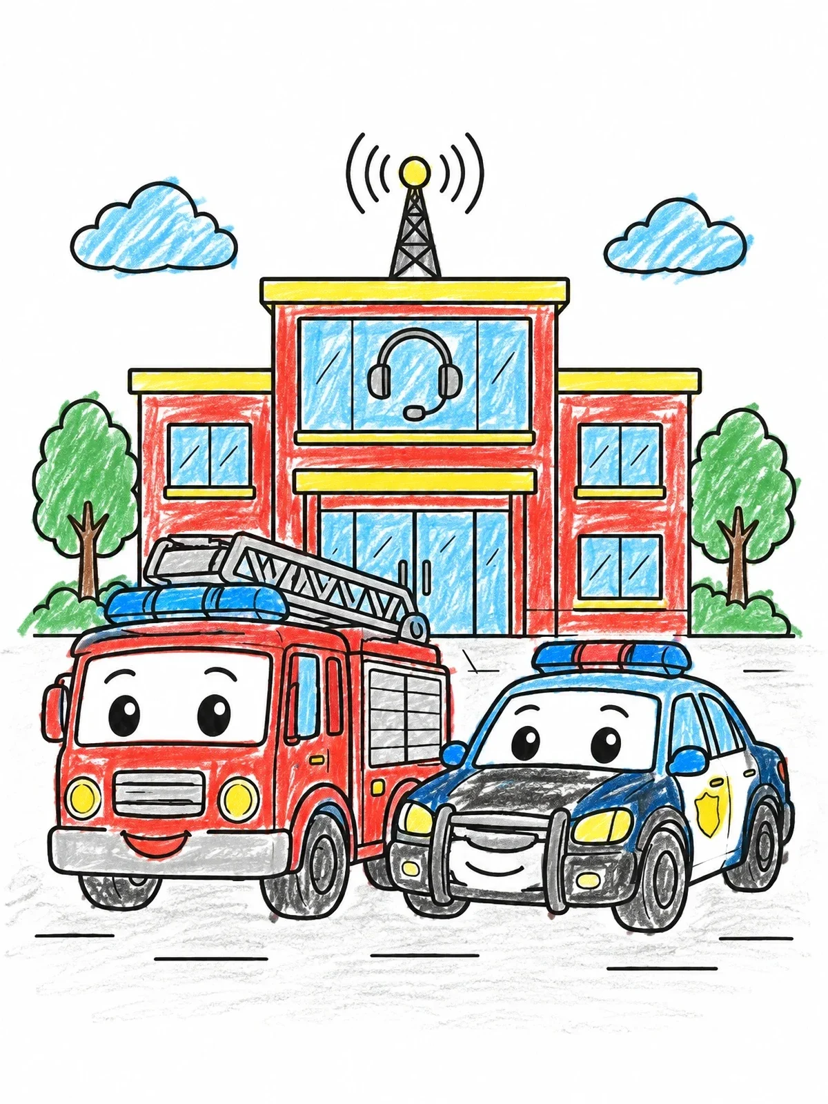 Colored example of the Friendly Fire Truck And Police Car coloring page