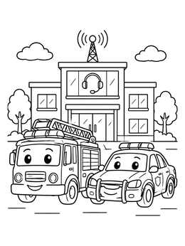 A fire truck coloring page showing cute emergency vehicles outside a dispatch station.