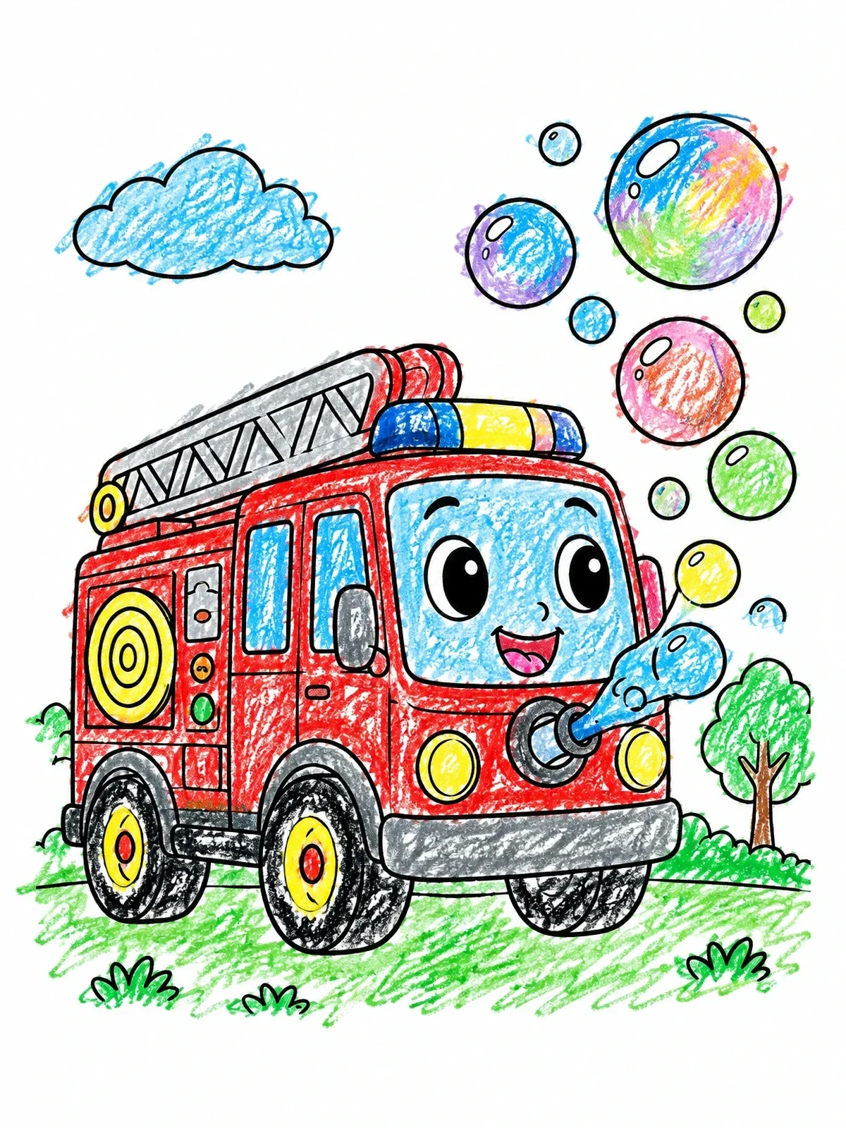 Colored example of the Cute Fire Truck Blowing Bubbles coloring page