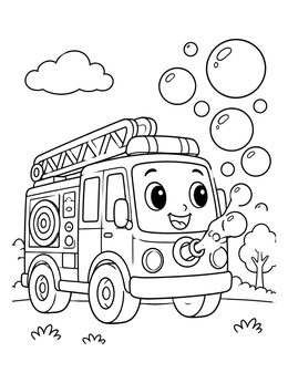 A cheerful fire truck coloring page showing the cartoon vehicle blowing giant floating bubbles.