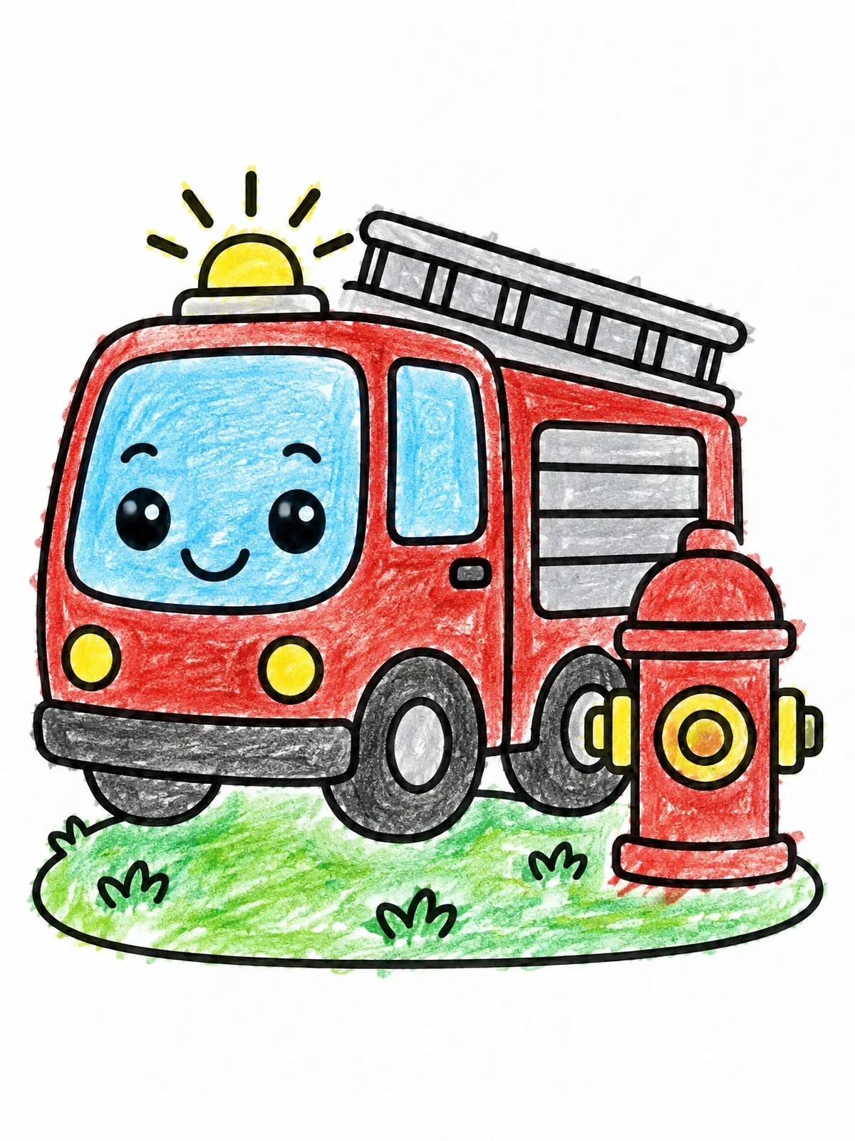 Colored example of the Cute Fire Truck By Hydrant coloring page
