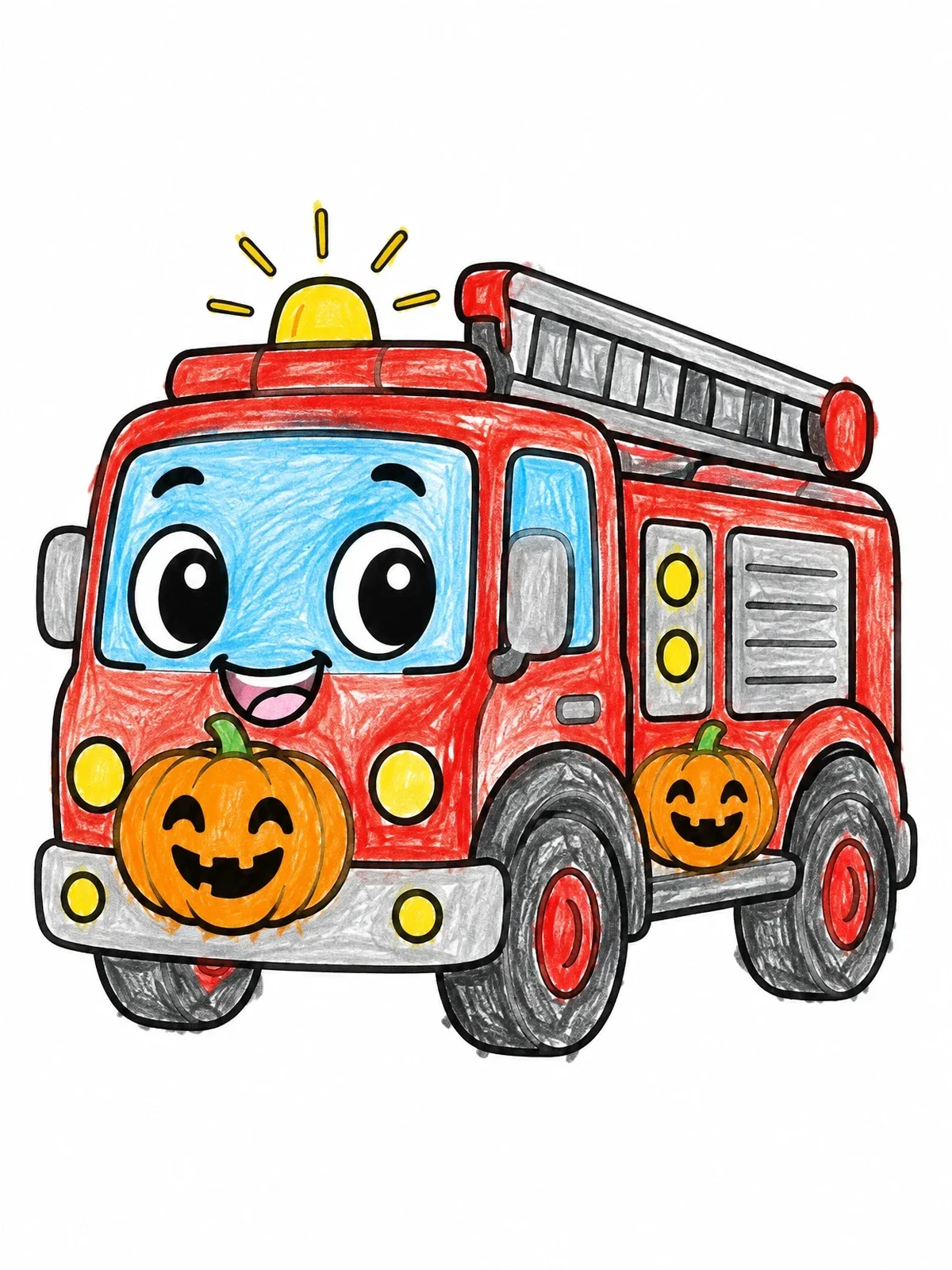 Colored example of the Cute Fire Truck With Halloween Pumpkins coloring page