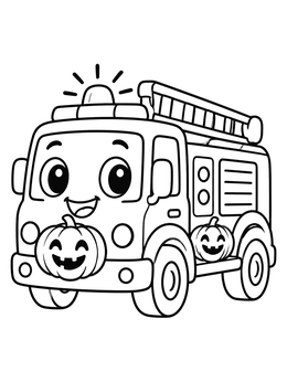 A friendly cartoon fire truck coloring page decorated with smiling carved pumpkins.
