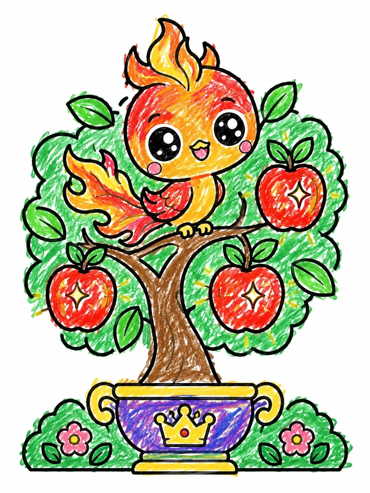 Colored example of the Cute Firebird On Apple Tree coloring page