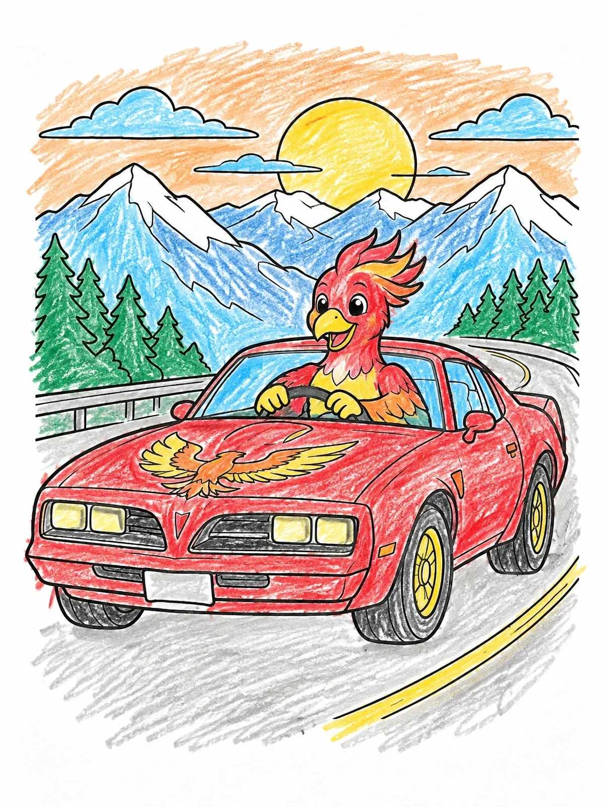 Colored example of the Cute Firebird Driving A Muscle Car coloring page
