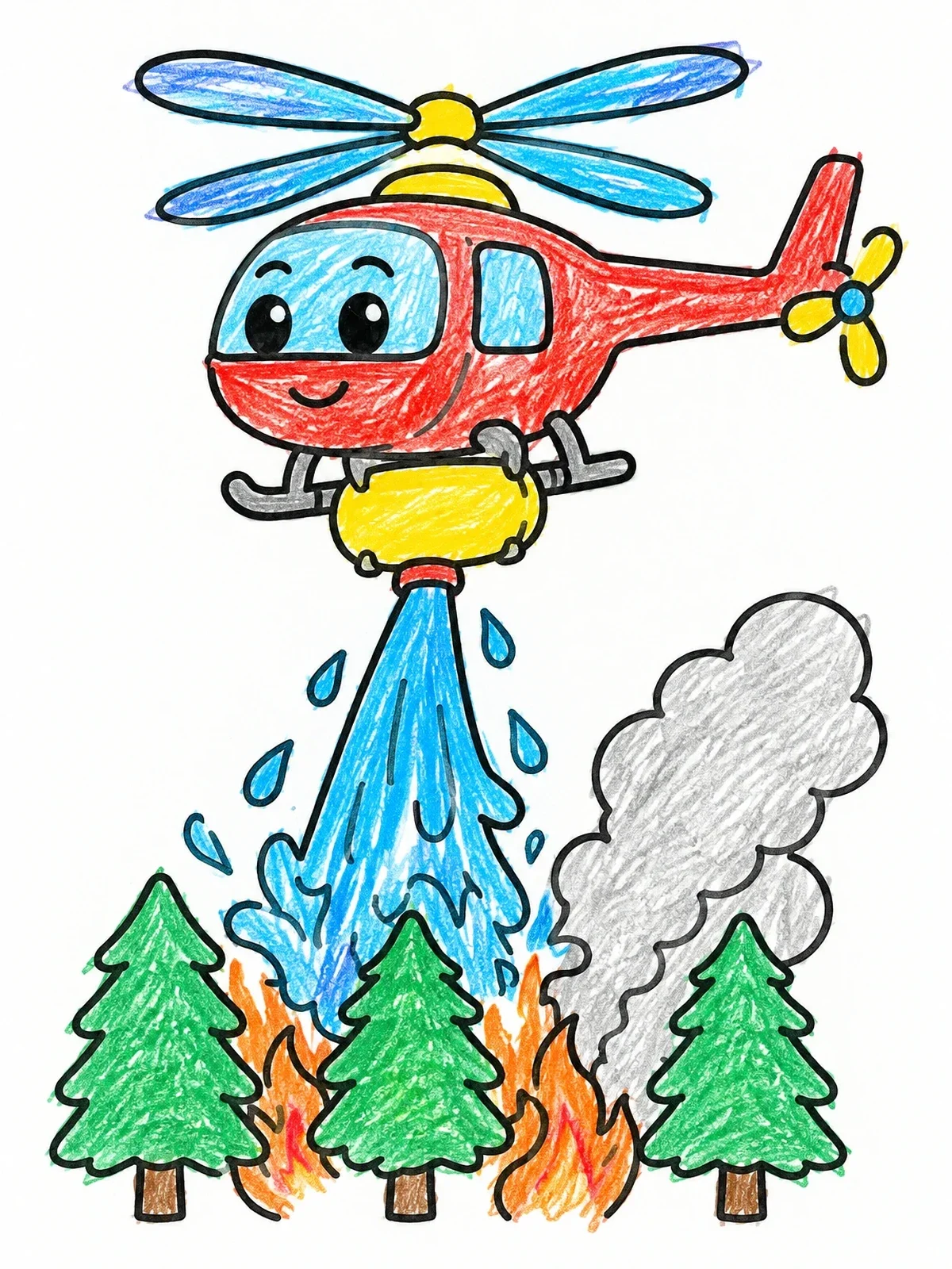 Colored example of the Cute Firefighting Helicopter Extinguishing Fire coloring page