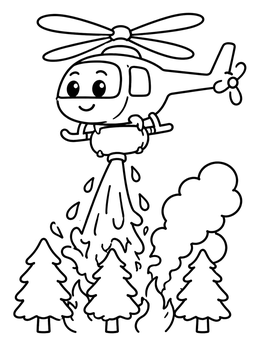 Free printable Cute Firefighting Helicopter Extinguishing Fire coloring page