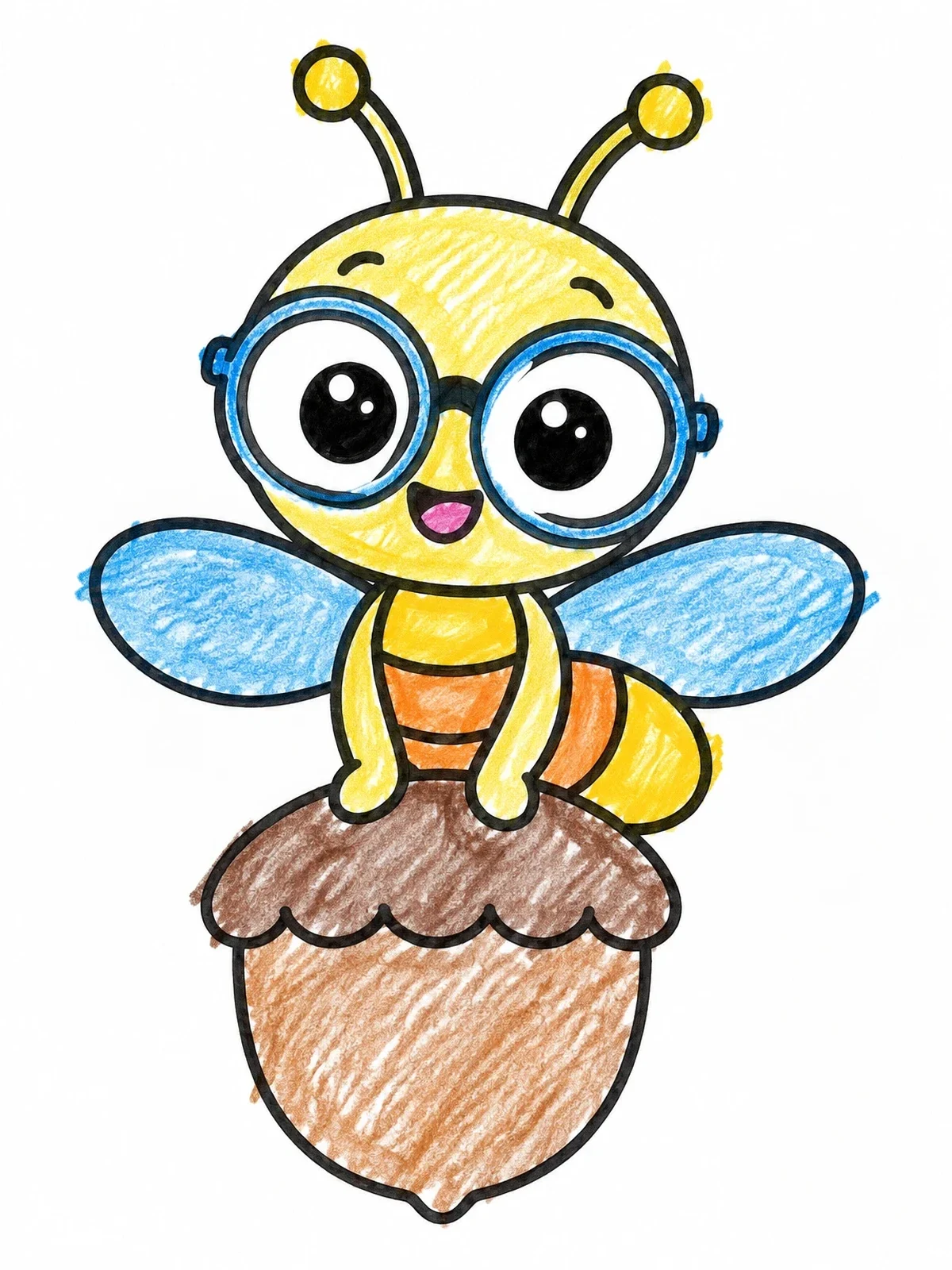 Colored example of the Cute Firefly With Glasses On Acorn coloring page