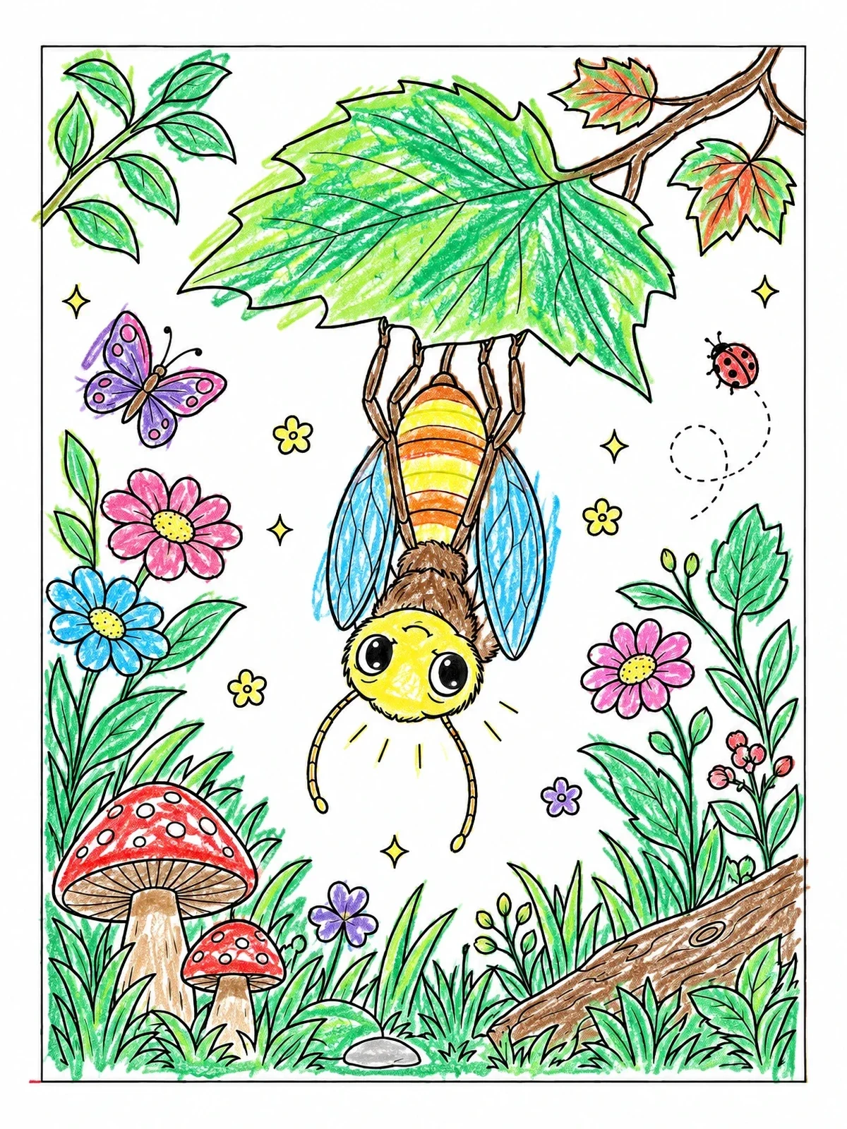 Colored example of the Cute Firefly Hanging From A Leaf coloring page