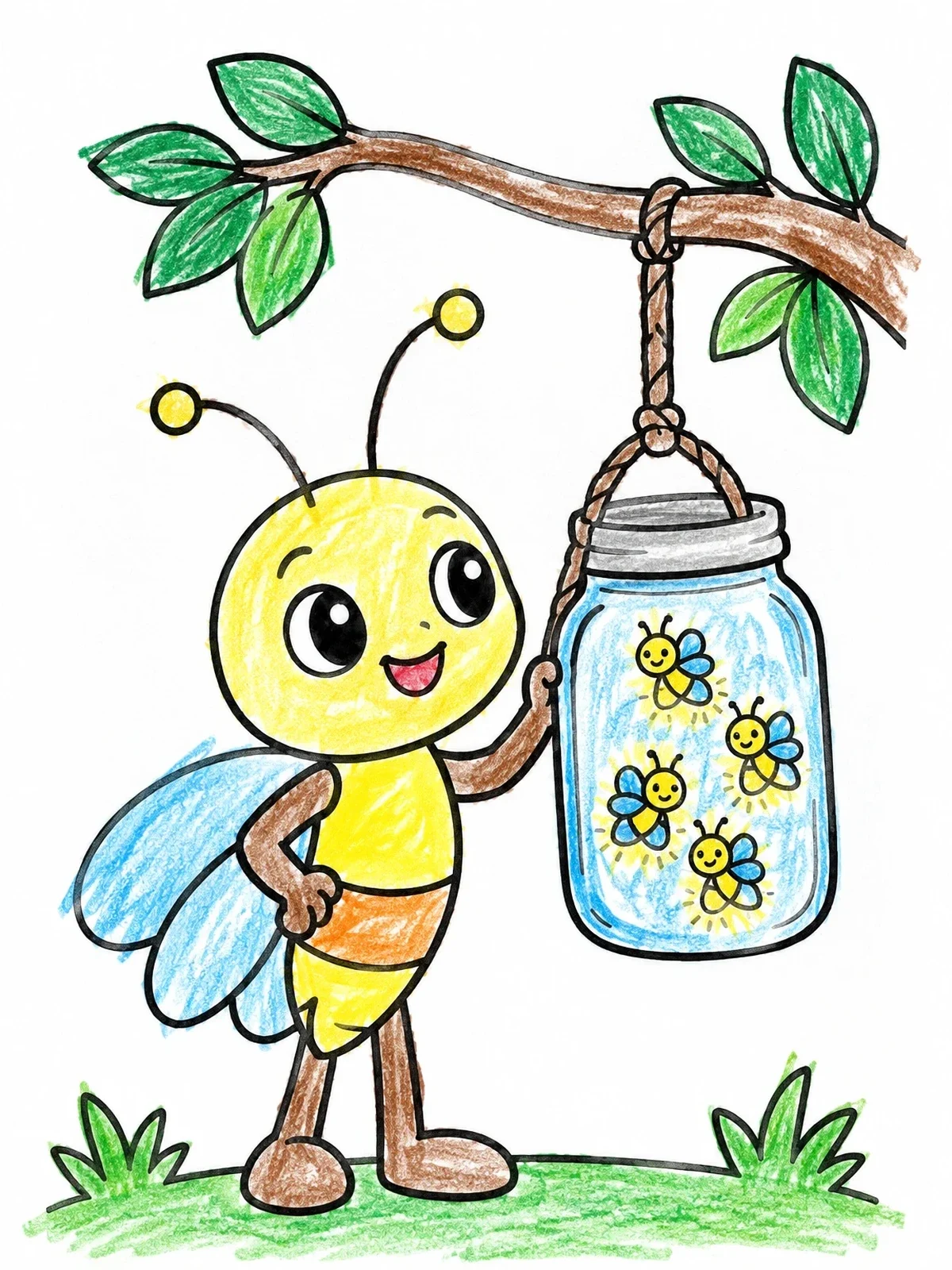 Colored example of the Cute Firefly Holding Hanging Lantern Jar coloring page
