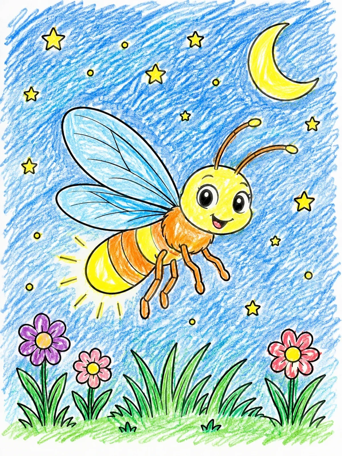 Colored example of the Cute Firefly Under The Night Sky coloring page