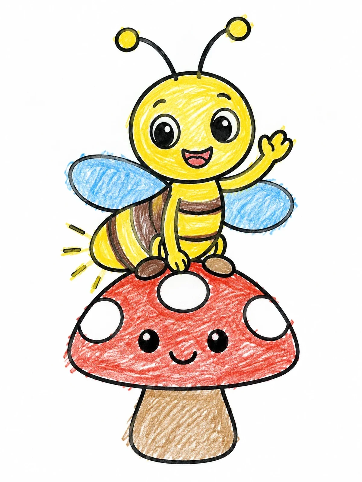 Colored example of the Cute Firefly On A Smiling Mushroom coloring page