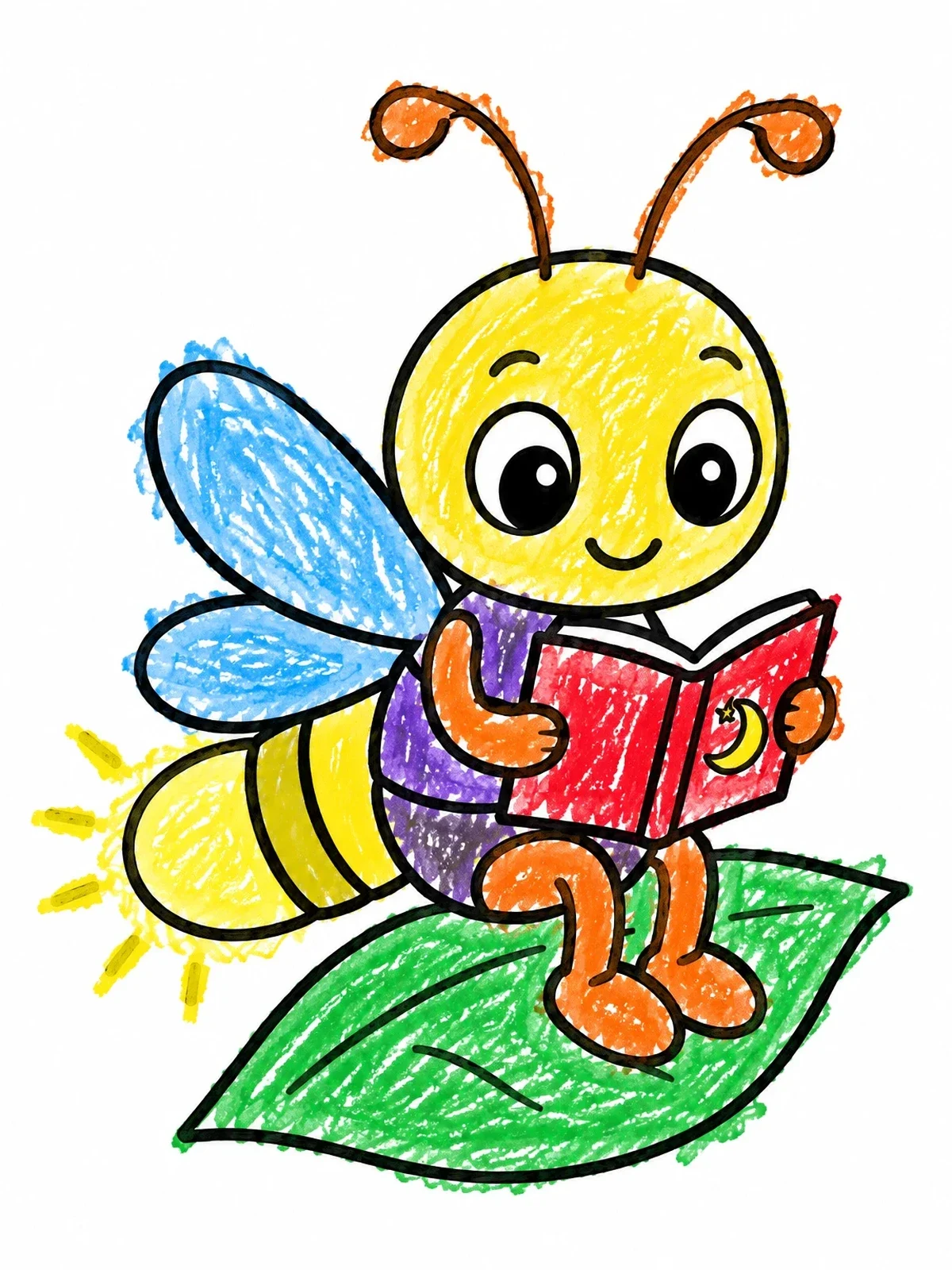 Colored example of the Cute Firefly Reading On A Leaf coloring page