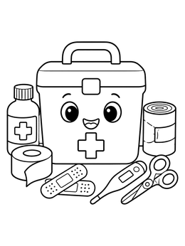 Free printable Happy First Aid Kit With Supplies coloring page