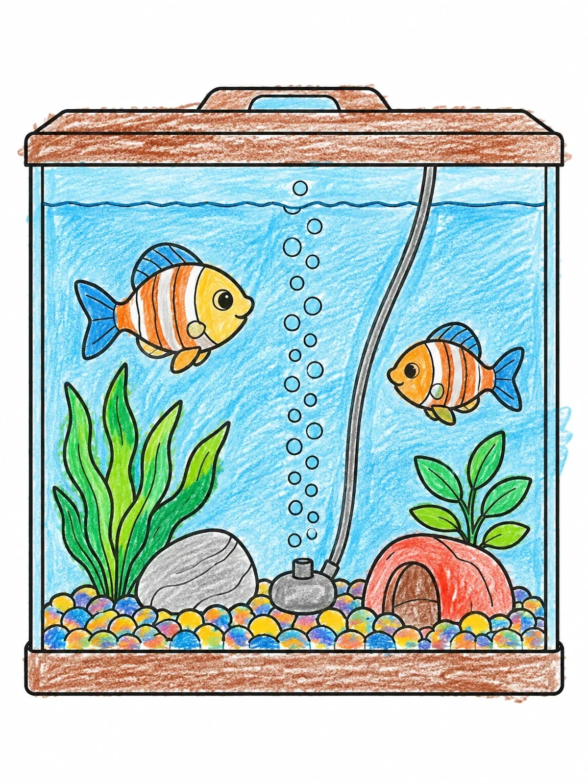 Colored example of the Cute Fish Tank With Bubbler coloring page