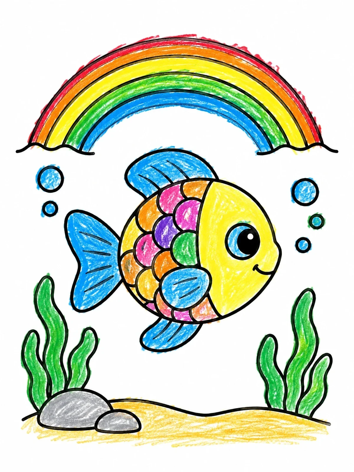Colored example of the Cute Fish Under Rainbow Arch coloring page