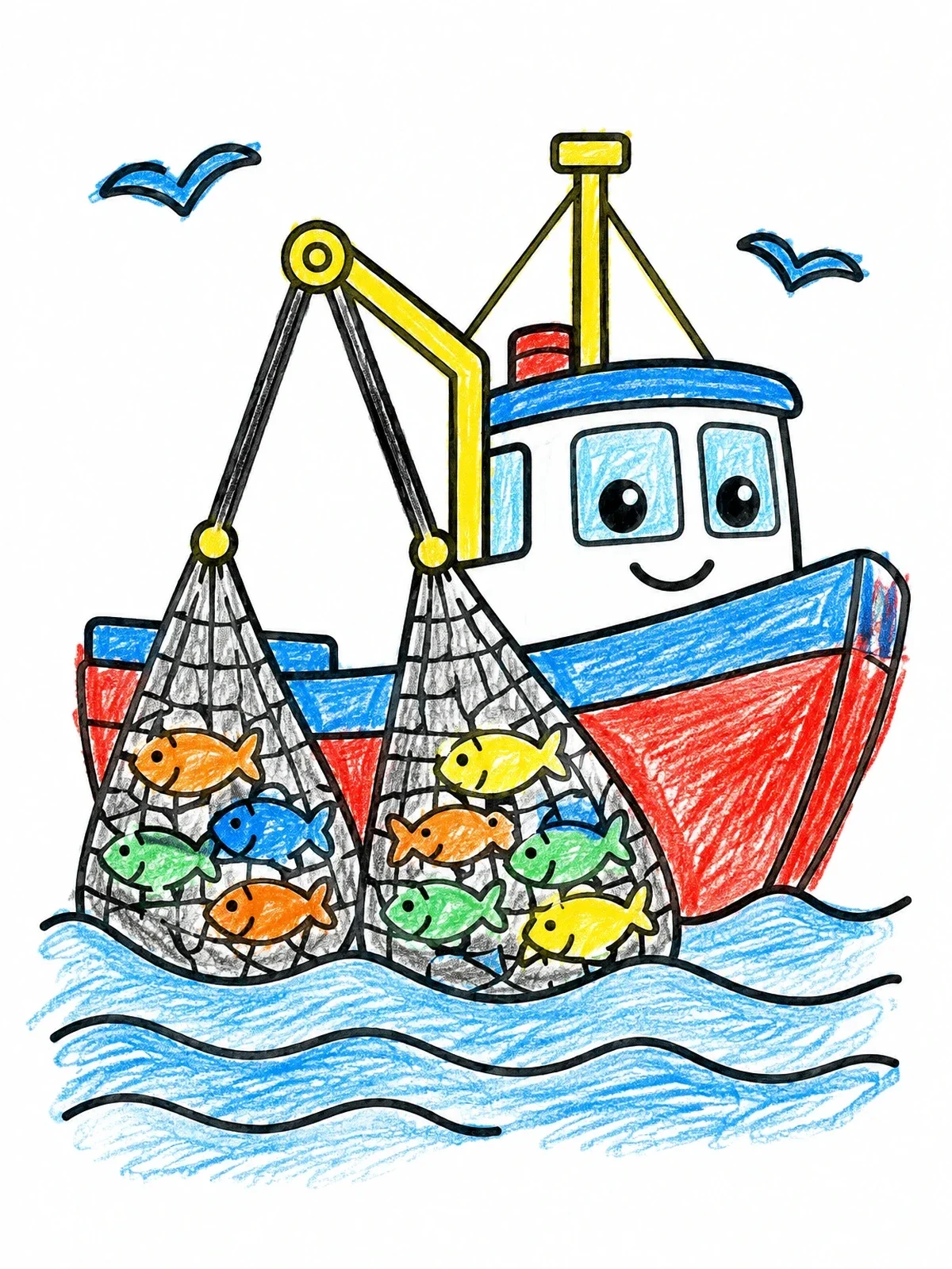 Colored example of the Cute Fishing Boat With Nets coloring page