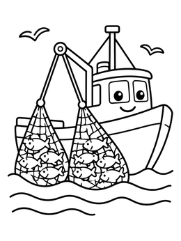 Free printable Cute Fishing Boat With Nets coloring page