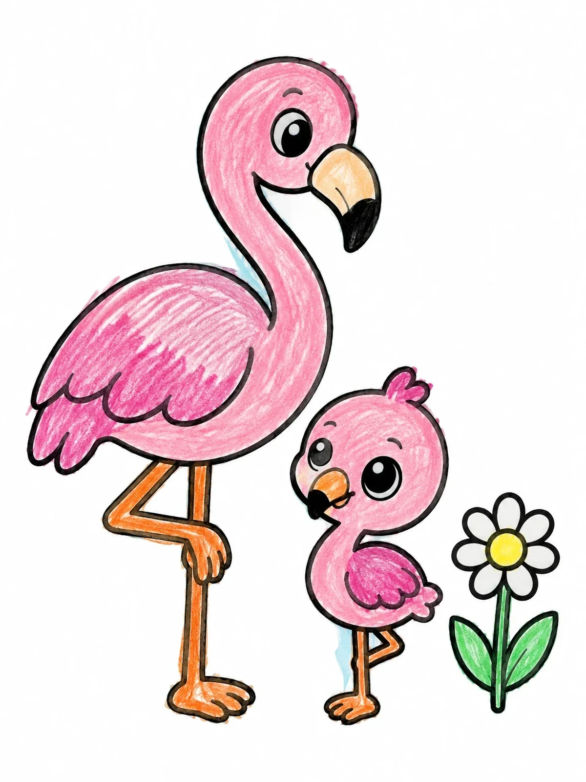 Colored example of the Cute Flamingo And Baby With Flower coloring page