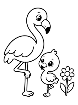Free printable Cute Flamingo And Baby With Flower coloring page