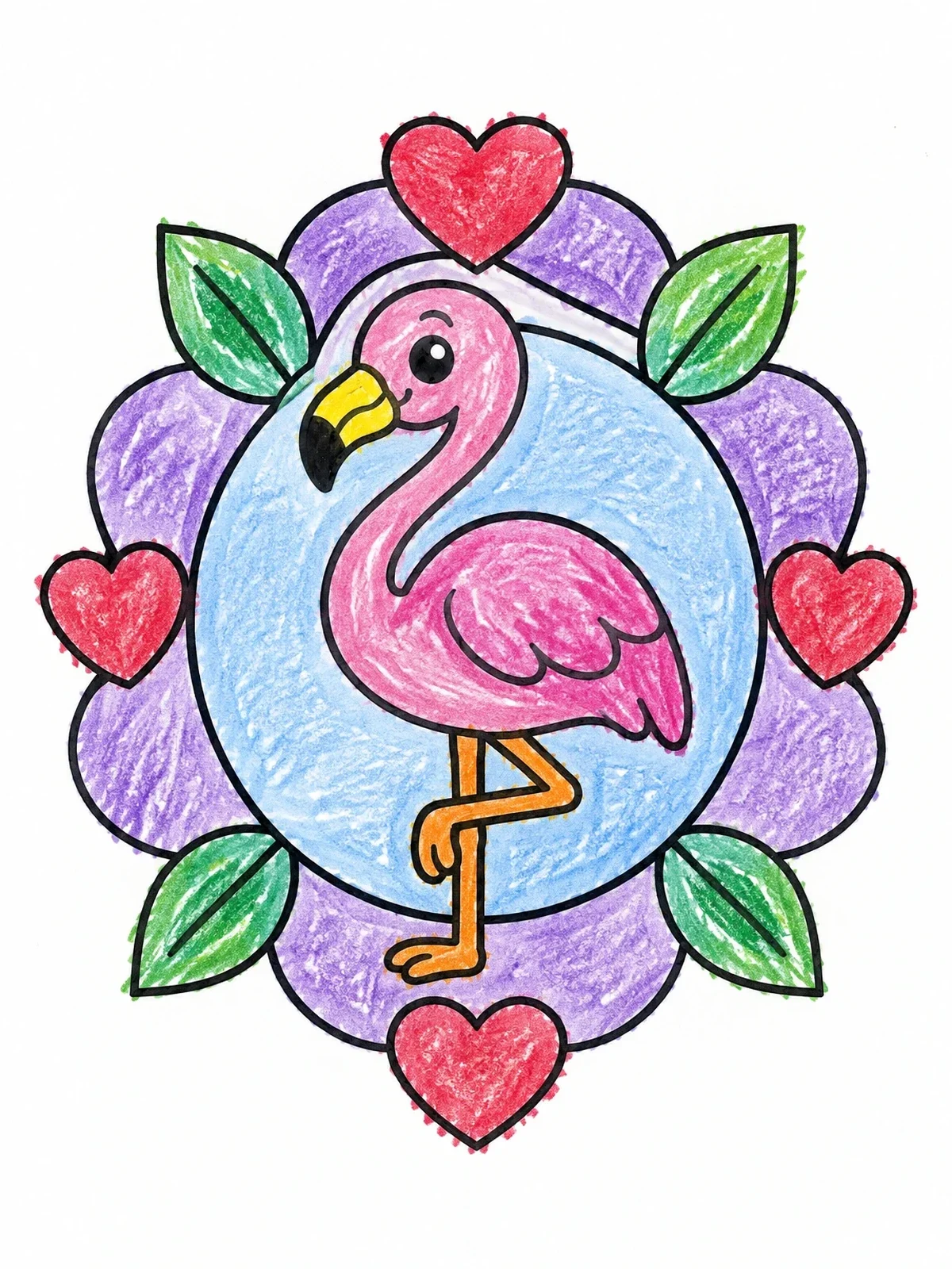 Colored example of the Cute Flamingo Heart Mandala coloring page
